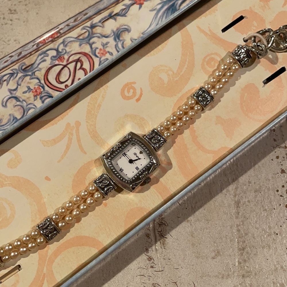 Brighton Emporia Pearl Bracelet Band Silver Tone Square Face Petite Analog Watch